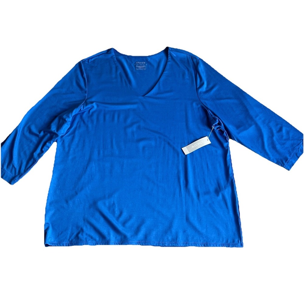 Chicos Travelers Sz 4 The Ultimate Tee 3/4 Sleeve V Neck Womens XXL Blue NWT